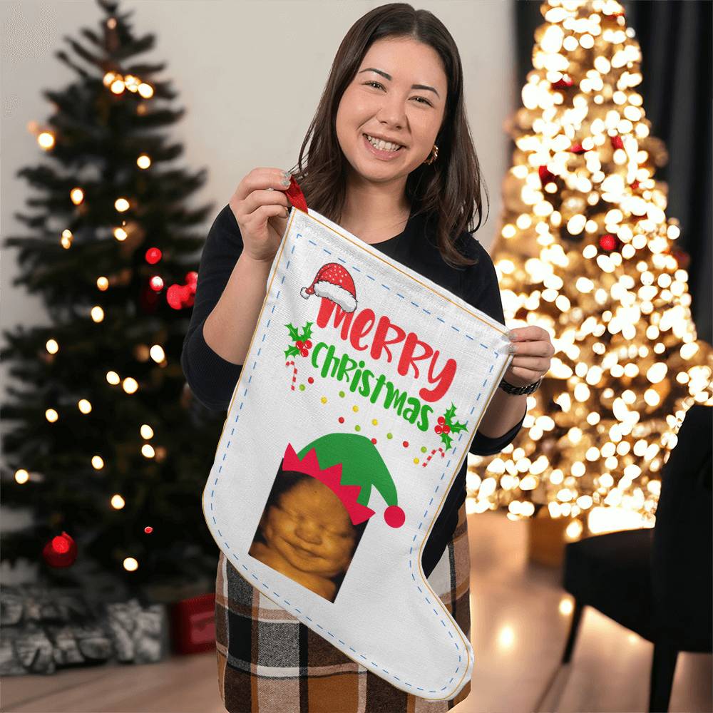 Christmas stocking saying  Merry Christmas  with Baby ultrasound  image wearing elf hat