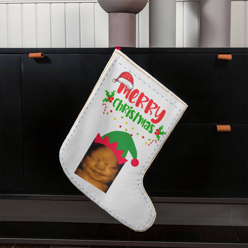 Christmas stocking saying  Merry Christmas  with Baby ultrasound  image wearing elf hat