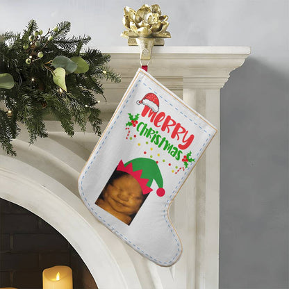 Christmas stocking saying  Merry Christmas  with Baby ultrasound  image wearing elf hat