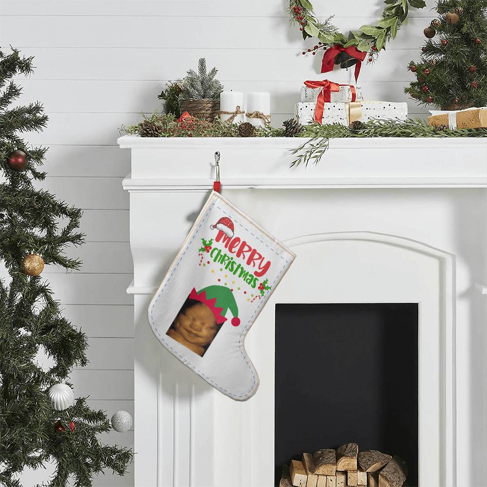 Christmas stocking saying  Merry Christmas  with Baby ultrasound  image wearing elf hat