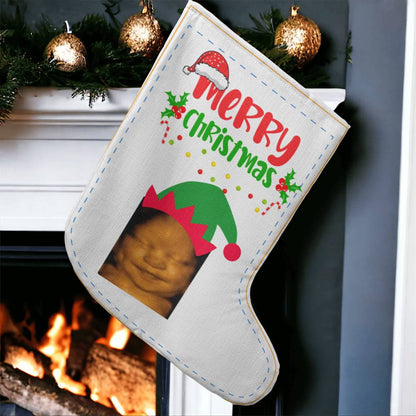 Christmas stocking saying  Merry Christmas  with Baby ultrasound  image wearing elf hat