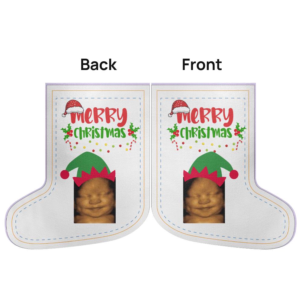 Christmas stocking saying  Merry Christmas  with Baby ultrasound  image wearing elf hat