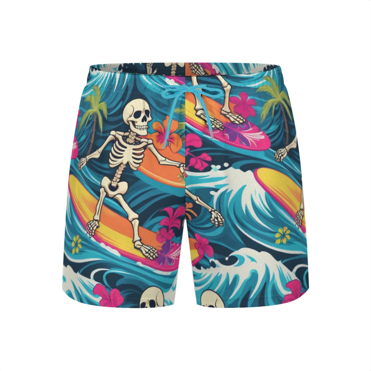 Hawaiian shorts skeleton  surfers Tropical Vibes Beach Shorts swim  Trunks resort shortsSummer Ready! Men's Beach Shorts in Vibrant