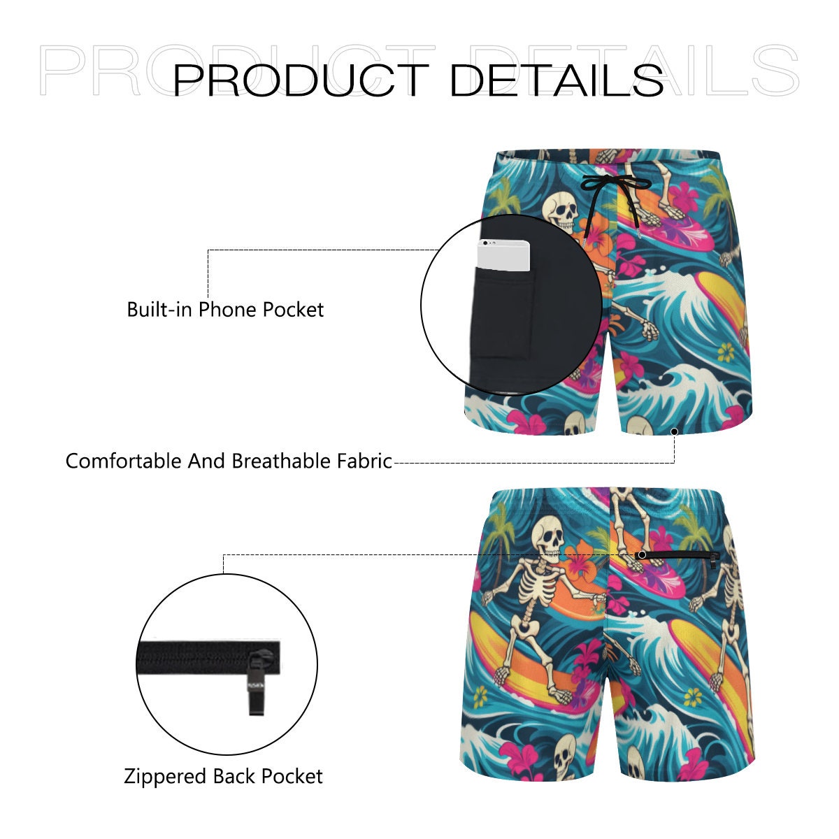 Hawaiian shorts skeleton  surfers Tropical Vibes Beach Shorts swim  Trunks resort shortsSummer Ready! Men's Beach Shorts in Vibrant