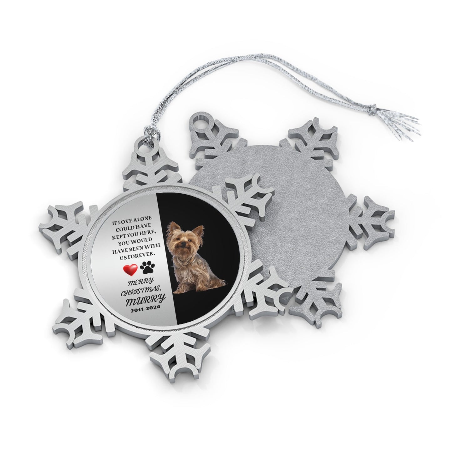 Snowflake Ornament dog cat memorial personalized tree decor metal pewter