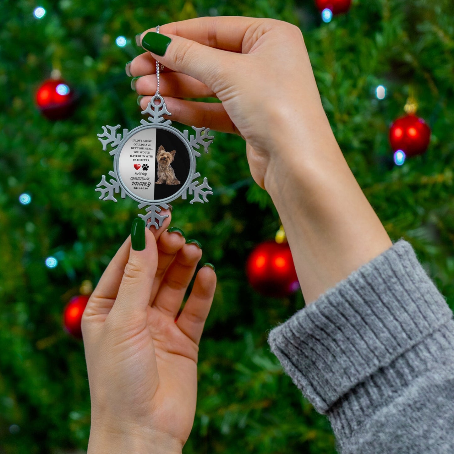 Snowflake Ornament dog cat memorial personalized tree decor metal pewter